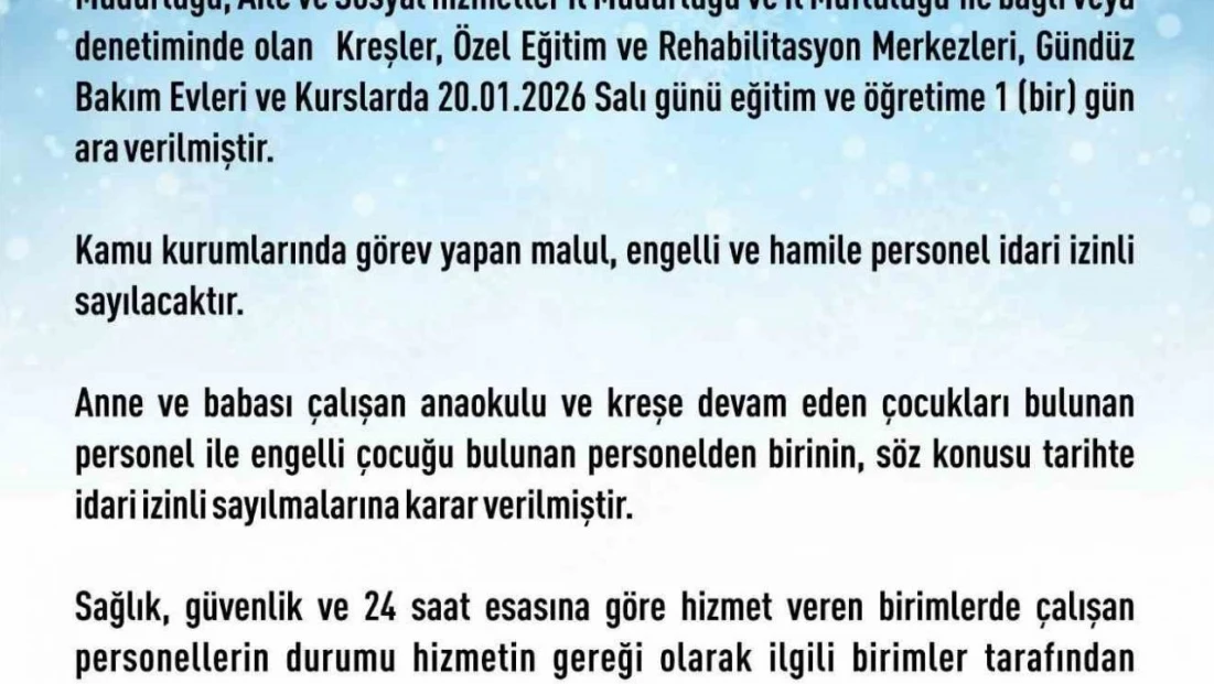 Elazığ'da rehabilitasyon ve bakımevi kurslarına 1 gün daha kar tatili