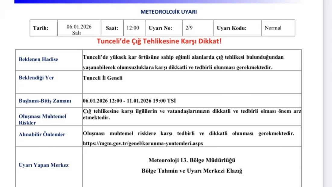 Tunceli için çığ uyarısı