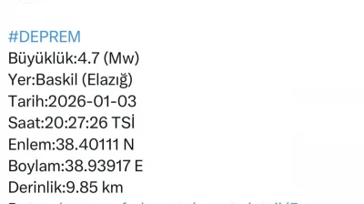 Elazığ'da 4.7 büyüklüğünde deprem