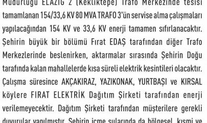 Elazığ'da elektrik kesintisi yaşanacak