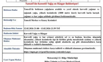 Meteorolojiden Tunceli'ye kuvvetli yağış ve rüzgar uyarısı