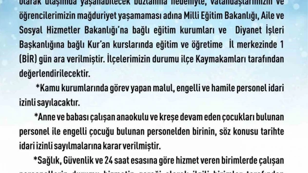 Elazığ'da eğitim-öğretime 1 gün ara verildi