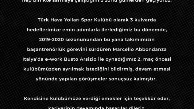 THY Kadın Voleybol Takımı'nda Başantrenör Marcello Abbondanza ile yollar ayrıldı