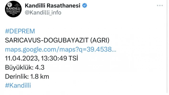 Ağrı'da 4.3 büyüklüğünde deprem