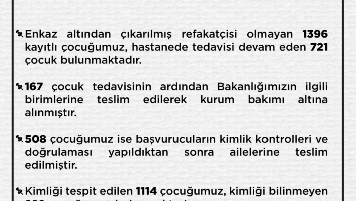 Aile ve Sosyal Hizmetler Bakanlığı: 'Refakatçisi olmayan bin 396, tedavisi devam eden 721 çocuk bulunmaktadır'