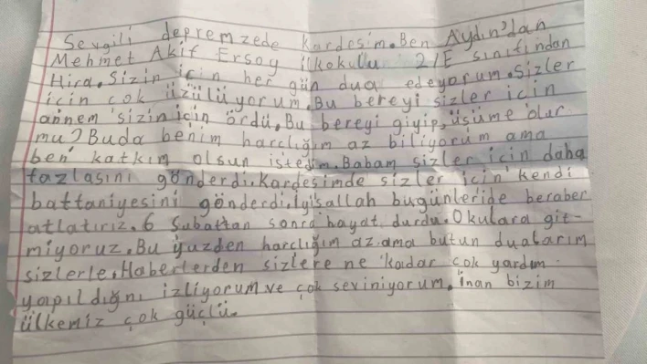 Aydınlı ilkokul öğrencisinden duygulandıran not: 'Bu bereyi giyip, üşüme olur mu?'