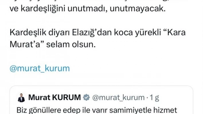 Başkan Şerifoğulları'ndan Murat Kurum'a: 'Elazığ'dan koca yürekli Kara Murat'a selam olsun'