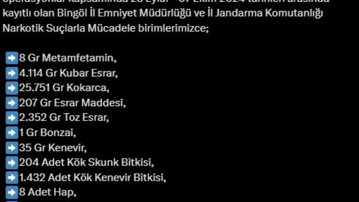 Bingöl'de son bir haftanın asayiş verileri açıklandı: 28 gözaltı, 2 tutuklama