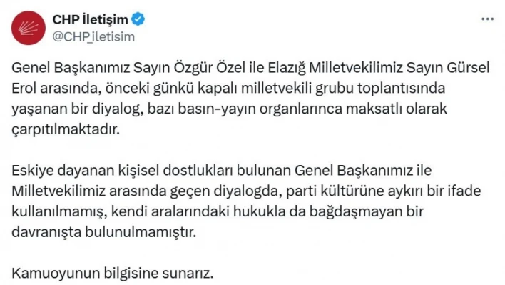 CHP'den, Genel Başkan Özel ve Elazığ Milletvekili Erol açıklaması