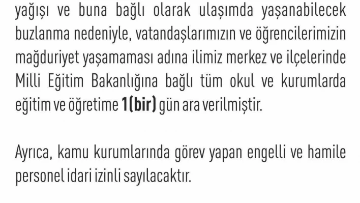 Elazığ'ın ilçelerinde de eğitime bir gün ara verildi