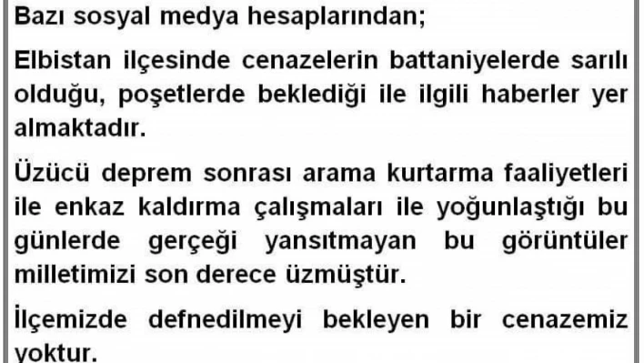 Elbistan Kaymakamlığı: 'İlçemizde defnedilmeyi bekleyen bir cenazemiz yoktur'