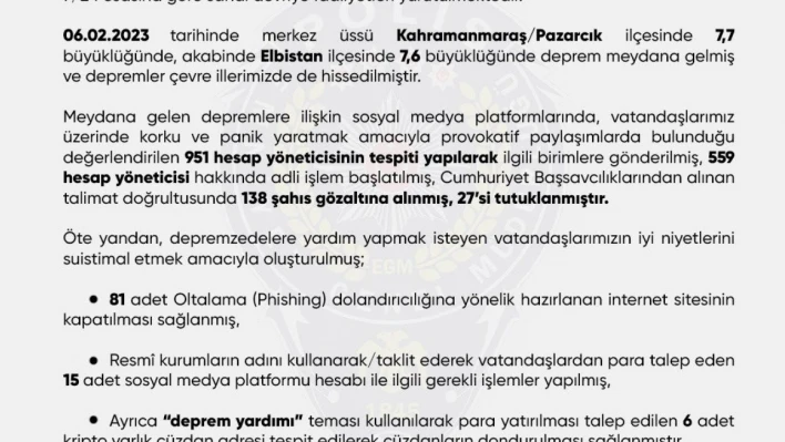 Sosyal medya platformlarında depreme ilişkin provokatif paylaşımlarda bulunan 27 kişi tutuklandı