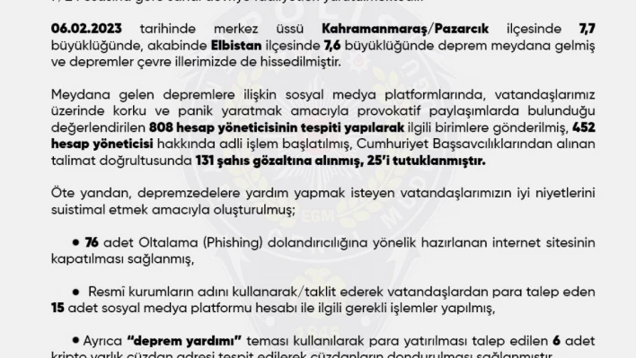 Sosyal medyada depremle ilgili provokatif paylaşımlarda bulunan 25 kişi tutuklandı