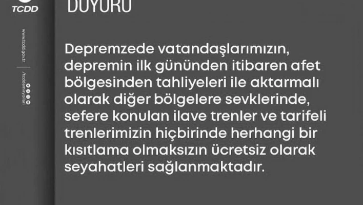 TCDD, deprem bölgesindeki depremzedelerin tahliyesini ücretsiz yapacak