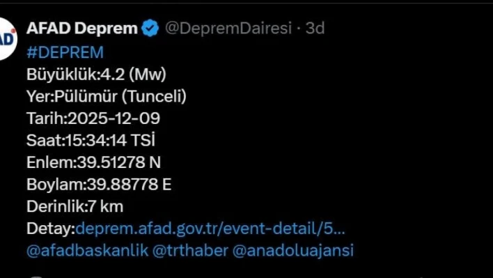Tunceli'de 4.2 büyüklüğünde deprem