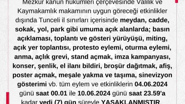 Tunceli'de gösteri ve yürüyüşler 7 gün boyunca yasaklandı