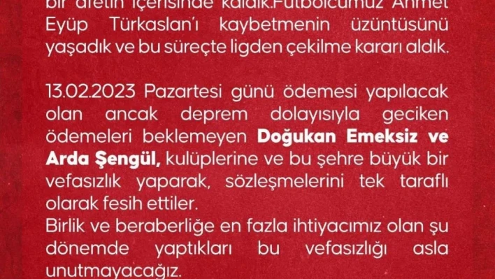 Yeni Malatyaspor: 'Bu vefasızlığı asla unutmayacağız'