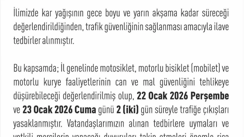 Elazığ'da motosiklet, mobilet ve motorlu kuryelerin trafiğe çıkışları yasaklandı