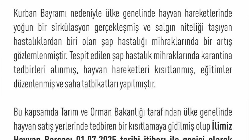 Elazığ Hayvan Borsası, şap tedbirleri kapsamında geçici olarak kapatıldı