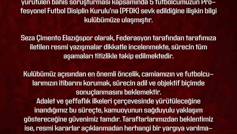 Elazığspor: 'Gelişmeler kulübümüz tarafından izlenmekte'