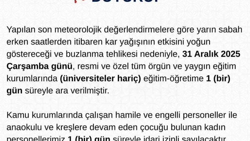 Tunceli'de eğitime 1 gün ara verildi