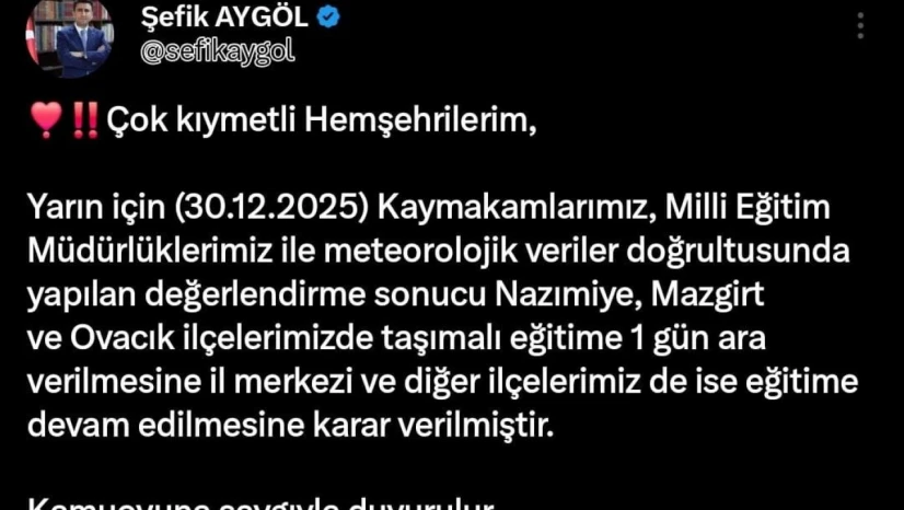 Tunceli'nin 3 ilçesinde taşımalı eğitime 1 gün ara verildi