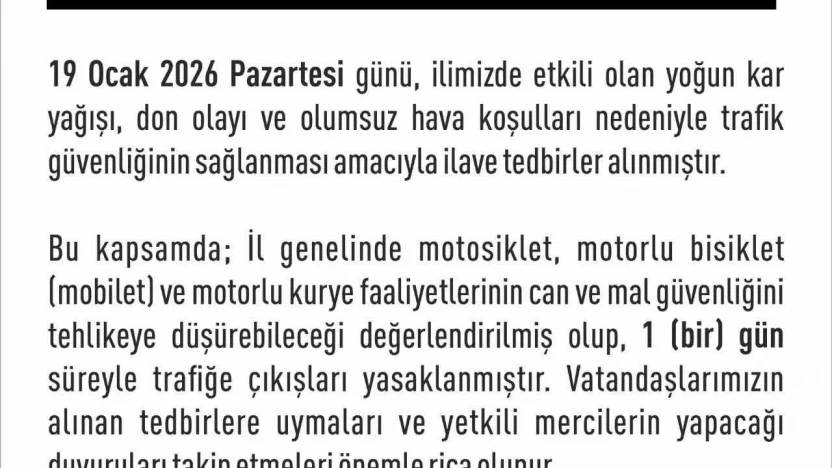 Elazığ'da  motosiklet, mobilet ve motorlu kuryelerin trafiğe çıkışları yasaklandı