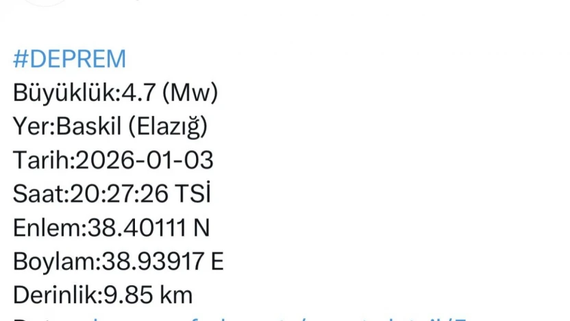 Elazığ'da 4.7 büyüklüğünde deprem
