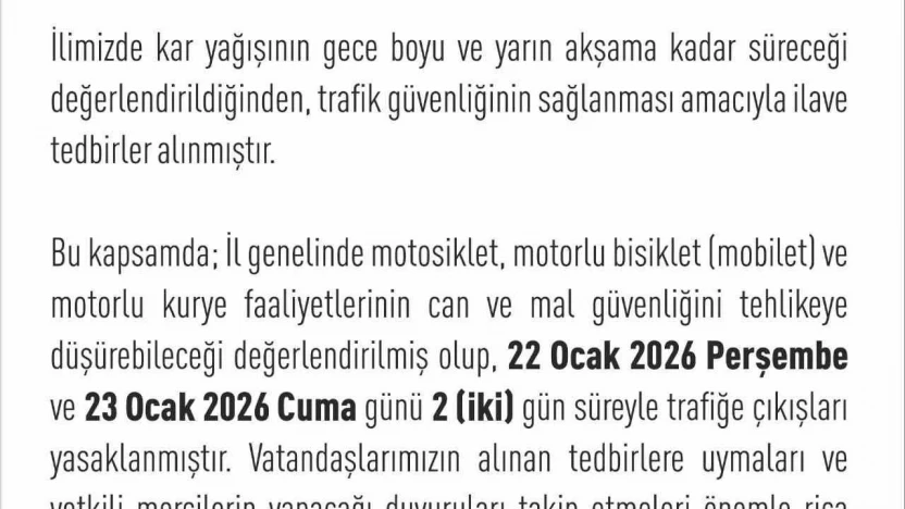 Elazığ'da motosiklet, mobilet ve motorlu kuryelerin trafiğe çıkışları yasaklandı
