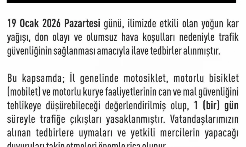 Elazığ'da  motosiklet, mobilet ve motorlu kuryelerin trafiğe çıkışları yasaklandı