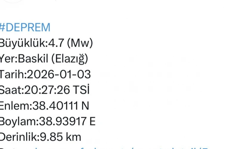 Elazığ'da 4.7 büyüklüğünde deprem