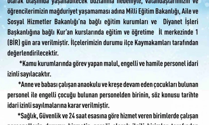 Elazığ'da eğitim-öğretime 1 gün ara verildi