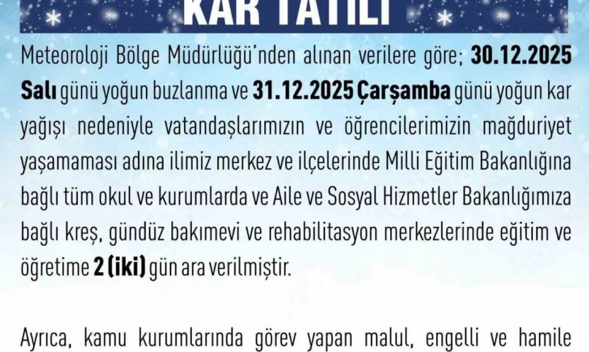 Elazığ'da eğitime 2 gün ara verildi
