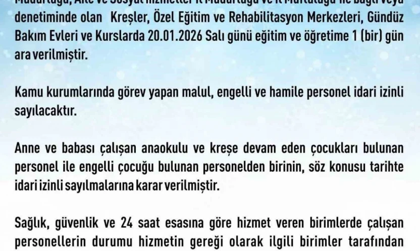 Elazığ'da rehabilitasyon ve bakımevi kurslarına 1 gün daha kar tatili