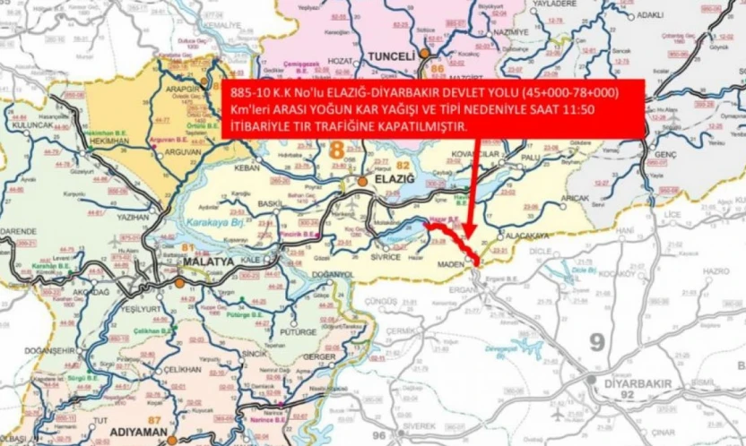 Elazığ-Diyarbakır karayolu ağır taşıt trafiğine kapatıldı
