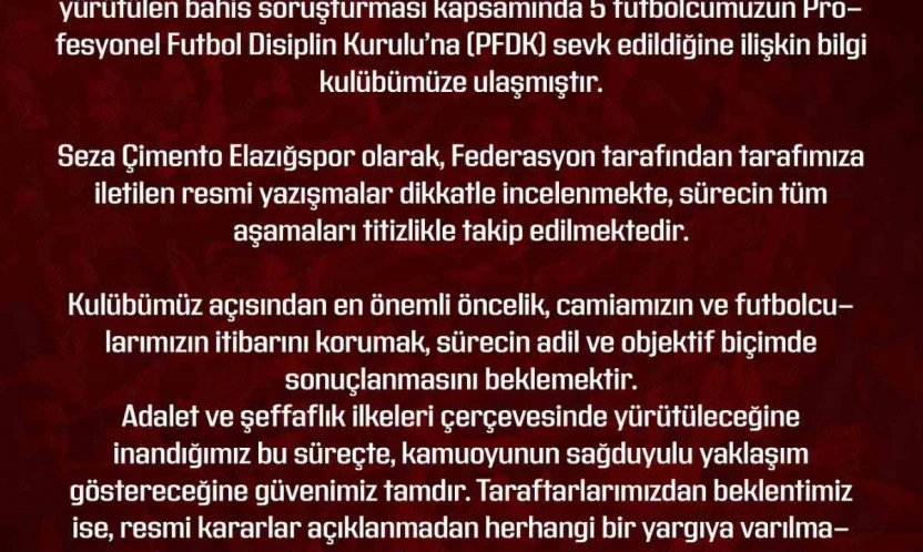 Elazığspor: 'Gelişmeler kulübümüz tarafından izlenmekte'