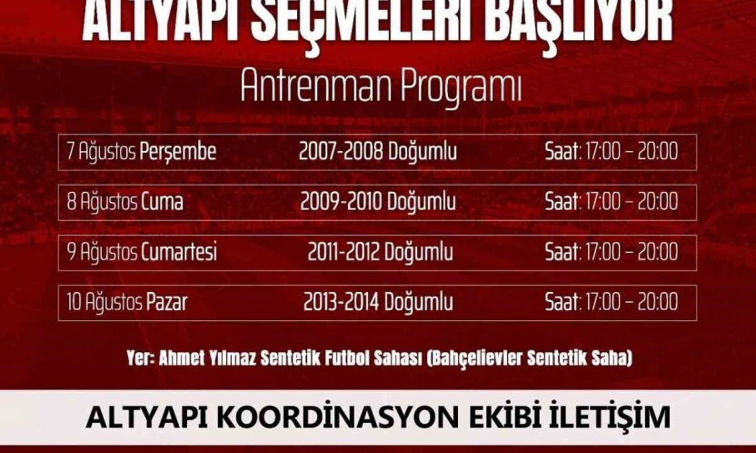 Elazığspor altyapı seçmeleri başlıyor