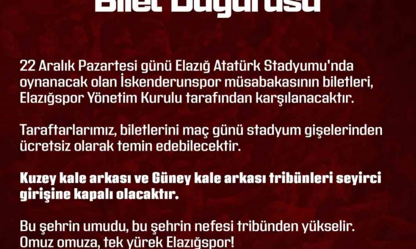 Elazığspor yönetimi, İskenderunspor maçının biletlerini ücretsiz dağıtacak